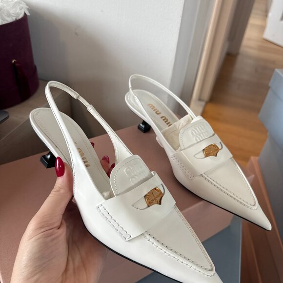 NWT Miu Miu Sling Back Mules White Leather Pointed Toe Kitten Heels Sz 36 - Picture 5 of 11